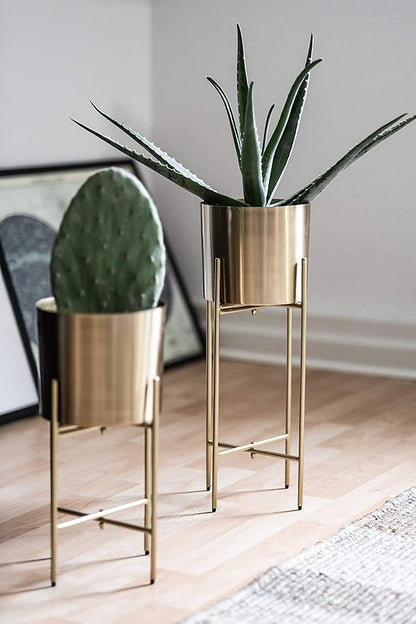 babyyoyaya Set 2 Brass Gold Planters with Stand, 7 Inch Diameter Planter Pots with Stands, Modern Flower Pot, Mid Century Living Room Decor for Orchid, Aloe, Large Cactus Plants, 7 Inches Diameter