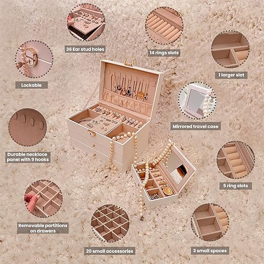 3 Layer Jewelry Organizer with Travel Jewelry Case - Jewelry Box with 2 Drawers - Large Jewelry Boxes for Women - Luxury Lockable Jewelry Holder Organizer - Gifts for Women