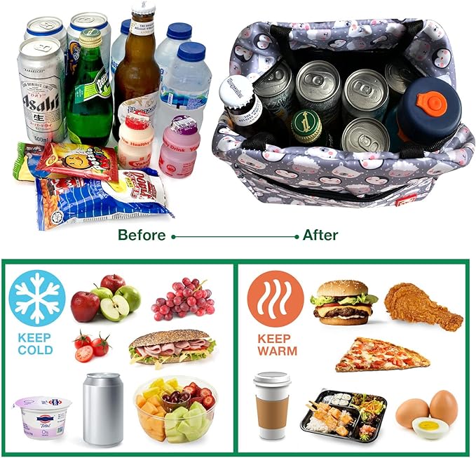 Waterproof Insulated Reusable Lunch Bag Food Drinks Container with Front Padded Pocket Double Zippers For Kids Men Women Work School Picnic