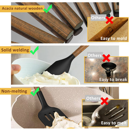 Silicone Cookware Set with Natural Wood Handles, Food Grade Silicone Head - Silicone Kitchen Gadget Spatula Set for Non-Stick Cookware - Black