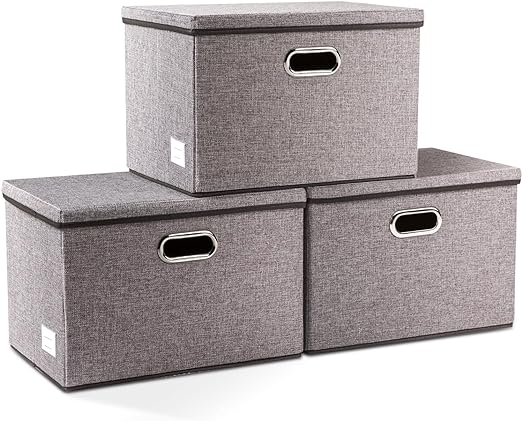 Large Collapsible Storage Bins with Lids [3-Pack] Linen Fabric Foldable Storage Boxes Organizer Containers Baskets Cube with Cover for Home Bedroom Closet Office Nursery (17.7x11.8x11.8)