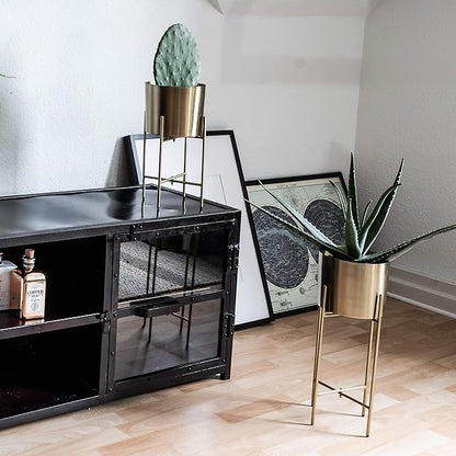 babyyoyaya Set 2 Brass Gold Planters with Stand, 7 Inch Diameter Planter Pots with Stands, Modern Flower Pot, Mid Century Living Room Decor for Orchid, Aloe, Large Cactus Plants, 7 Inches Diameter