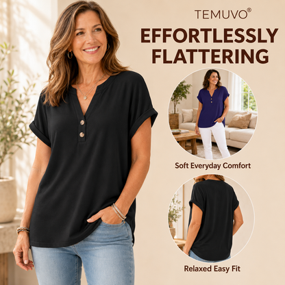 2026 Hot Style Women’s V-Neck Henley Top – Casual Loose Short Sleeve Dressy Blouse & Basic Tee