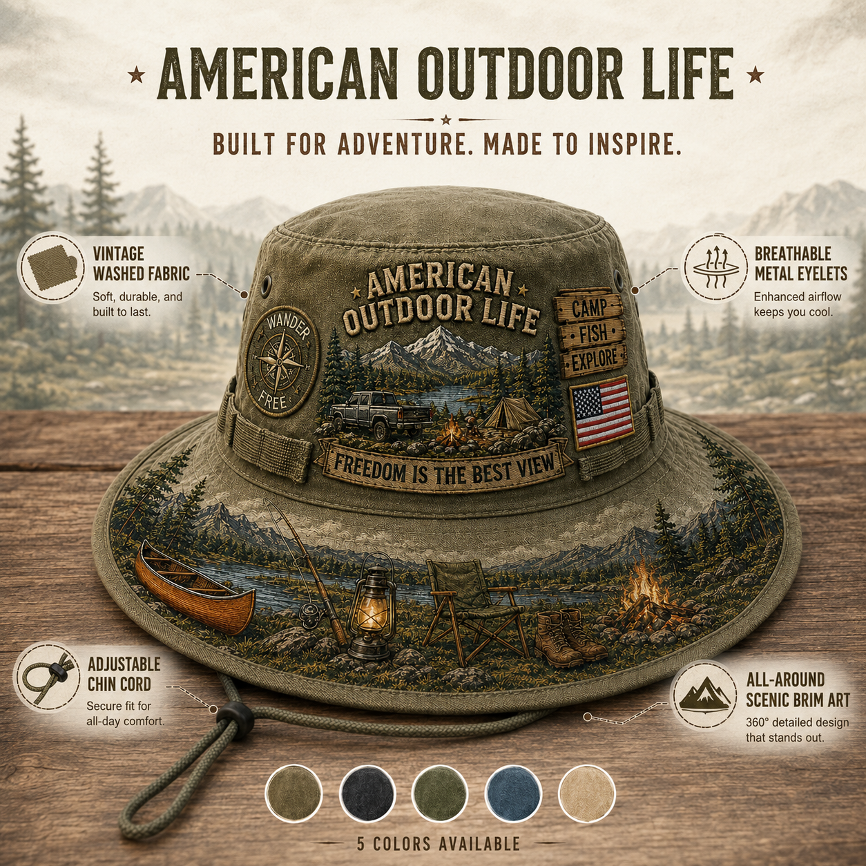 🌄🎣American Outdoor Life Vintage Boonie Hat – Camp, Fish & Explore