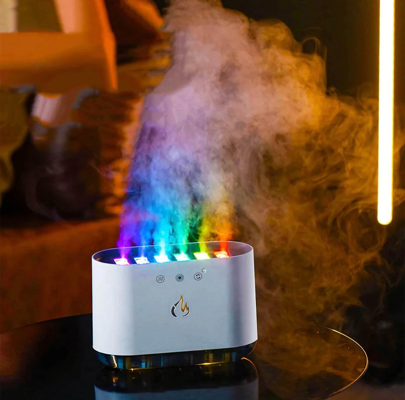 Dynamic Flame Humidifier – 900mL LED Mist Diffuser with 6-Speed Spray & Colorful Flame Light