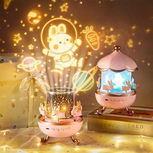 Cute Bunny Carousel Night Lamp – Soft LED Nursery Light, Rotating Rabbit Lamp for Kids & Home Décor