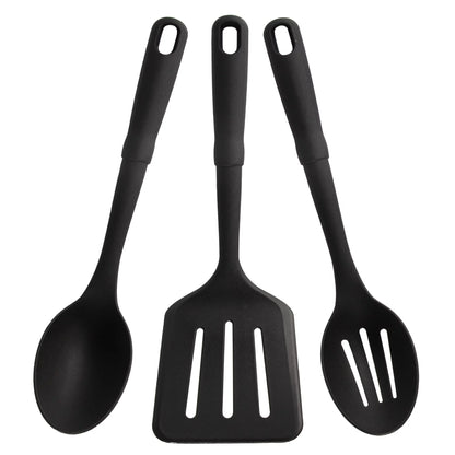 3-piece kitchen utensil set, slotted spatula, slotted spoon and solid spoon, black, nylon