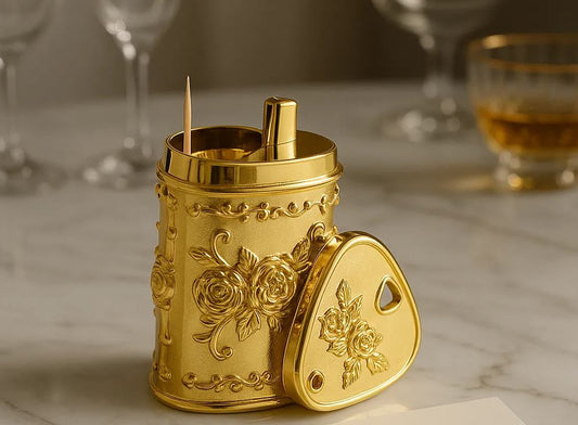 Royal Gold Floral Toothpick Holder – Elegant Luxury Tabletop Accessory