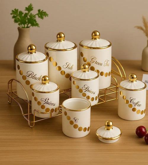 Luxury 8-Piece Ceramic Kitchen Canister Set with Golden Lid & Metal Stand – Spice, Tea, Coffee & Storage Jars
