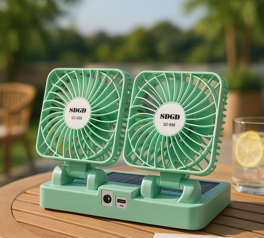 Dual Solar Rechargeable Fan – Portable USB Cooling Fan with Dual Heads