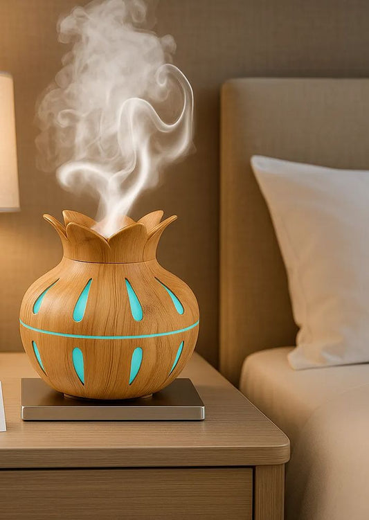 Luxury Wooden Lotus Essential Oil Diffuser & Cool Mist Humidifier – LED Aroma Therapy for Home & Bedroom