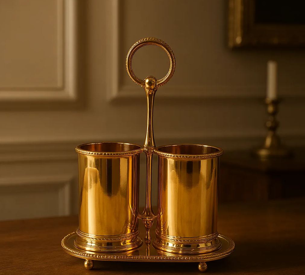 Luxury Golden Double Spoon Holder – Premium Metal Tabletop Organizer