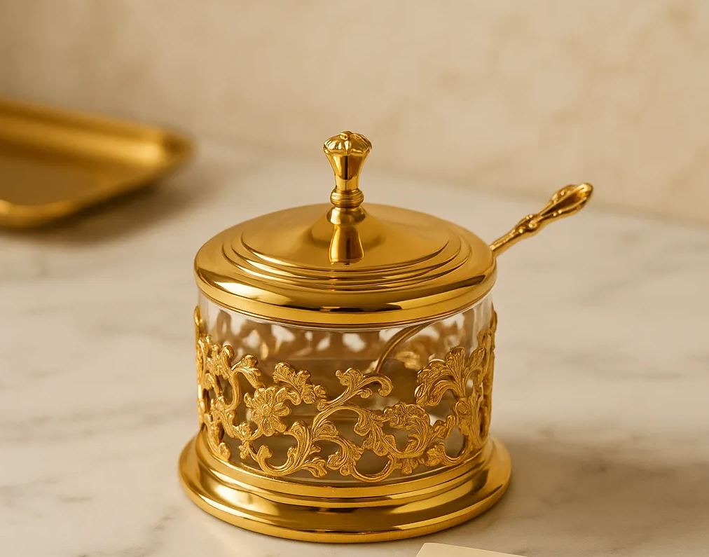 Luxury Golden Crystal Sugar Pot with Spoon – Premium Decorative Sugar Jar for Tea & Coffee