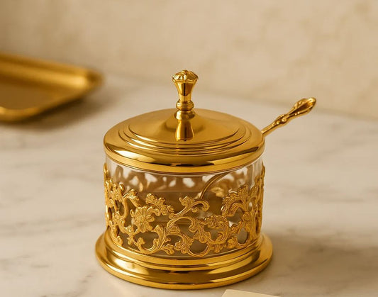 Luxury Golden Crystal Sugar Pot with Spoon – Premium Decorative Sugar Jar for Tea & Coffee