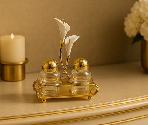 Luxury Golden Calla Lily Spice & Condiment Holder Set – Premium Decorative Salt & Pepper Shakers