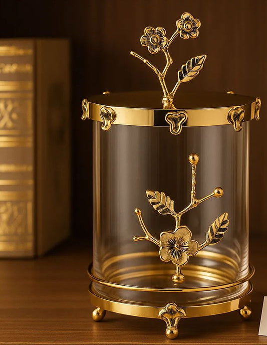 Luxury Gold Floral Glass Storage Jar – Decorative Crystal Jar for Home Décor