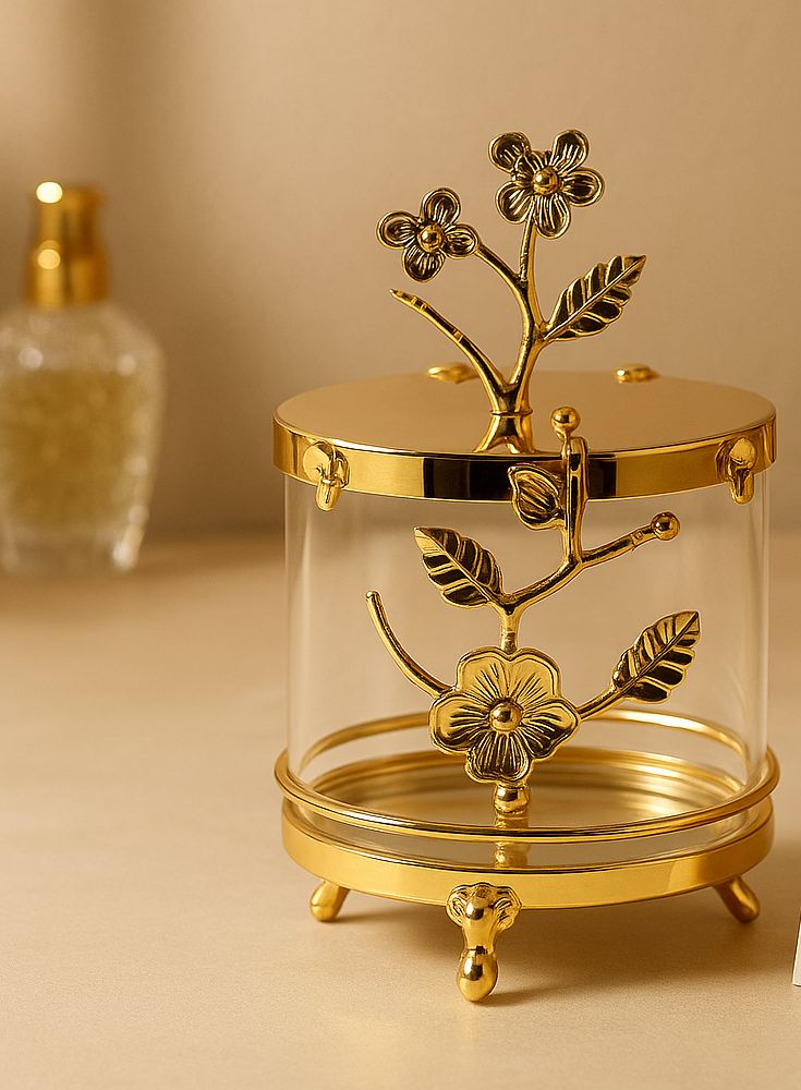 Luxury Golden Floral Crystal Jar – Elegant Decorative Storage Container