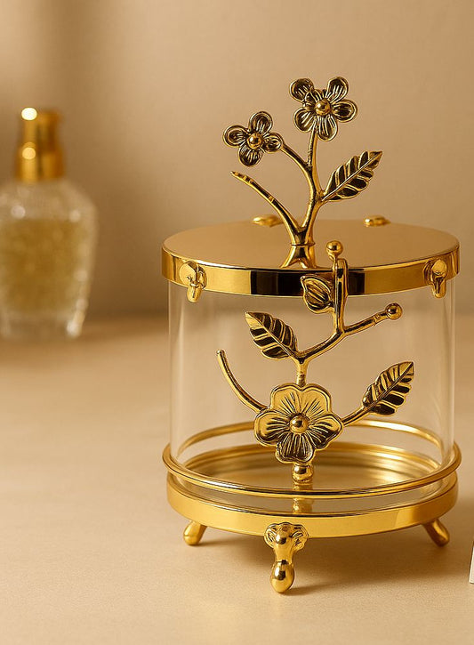 Luxury Golden Floral Crystal Jar – Elegant Decorative Storage Container