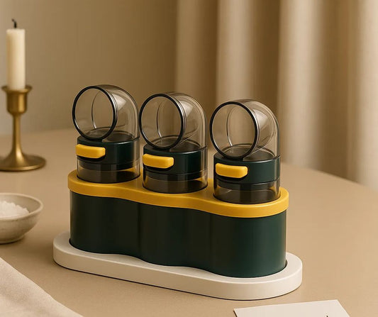 3-in-1 Compact Seasoning Dispenser Set – Rotating Spice Containers with Airtight Lids