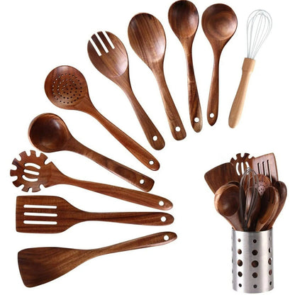 11-Piece Wooden Kitchen Utensils Set